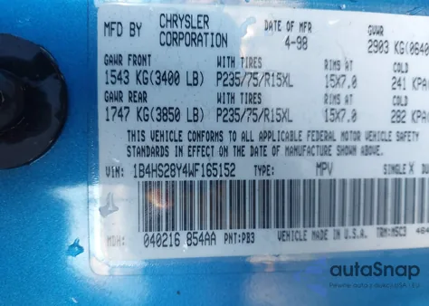 1998 Dodge Durango Slt z USA, uszkodzony, nr VIN 1B4HS28Y4WF165152